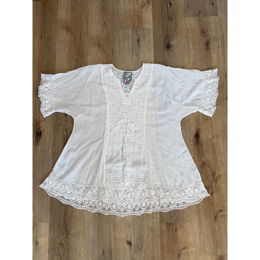 Johnny Was Boho Eyelet Embroidered Blouse Women M White Lace Trim Cupra Rayon